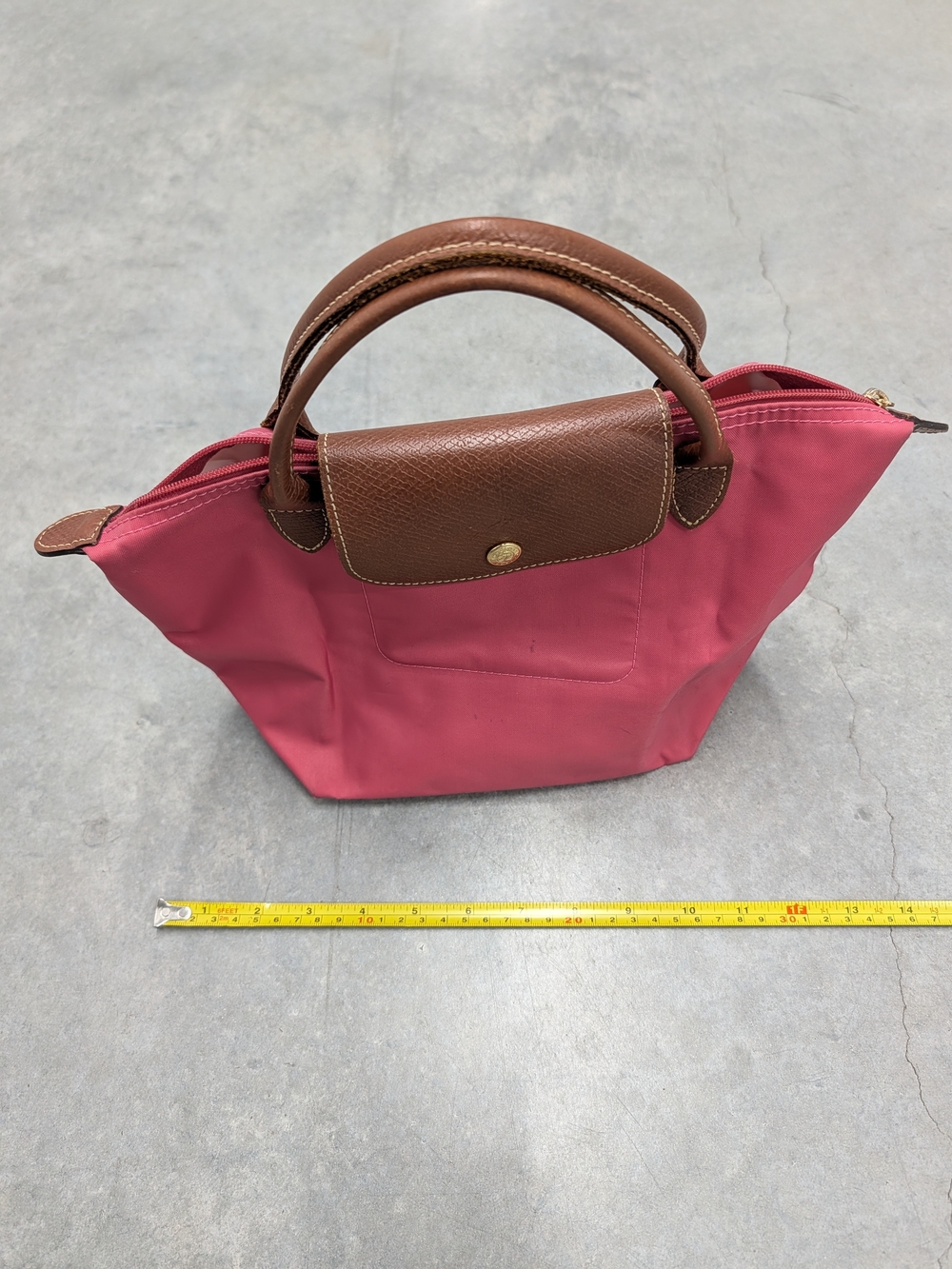 Longchamp Le Pliage Small Pink Nylon Tote with Brown Leather Trim